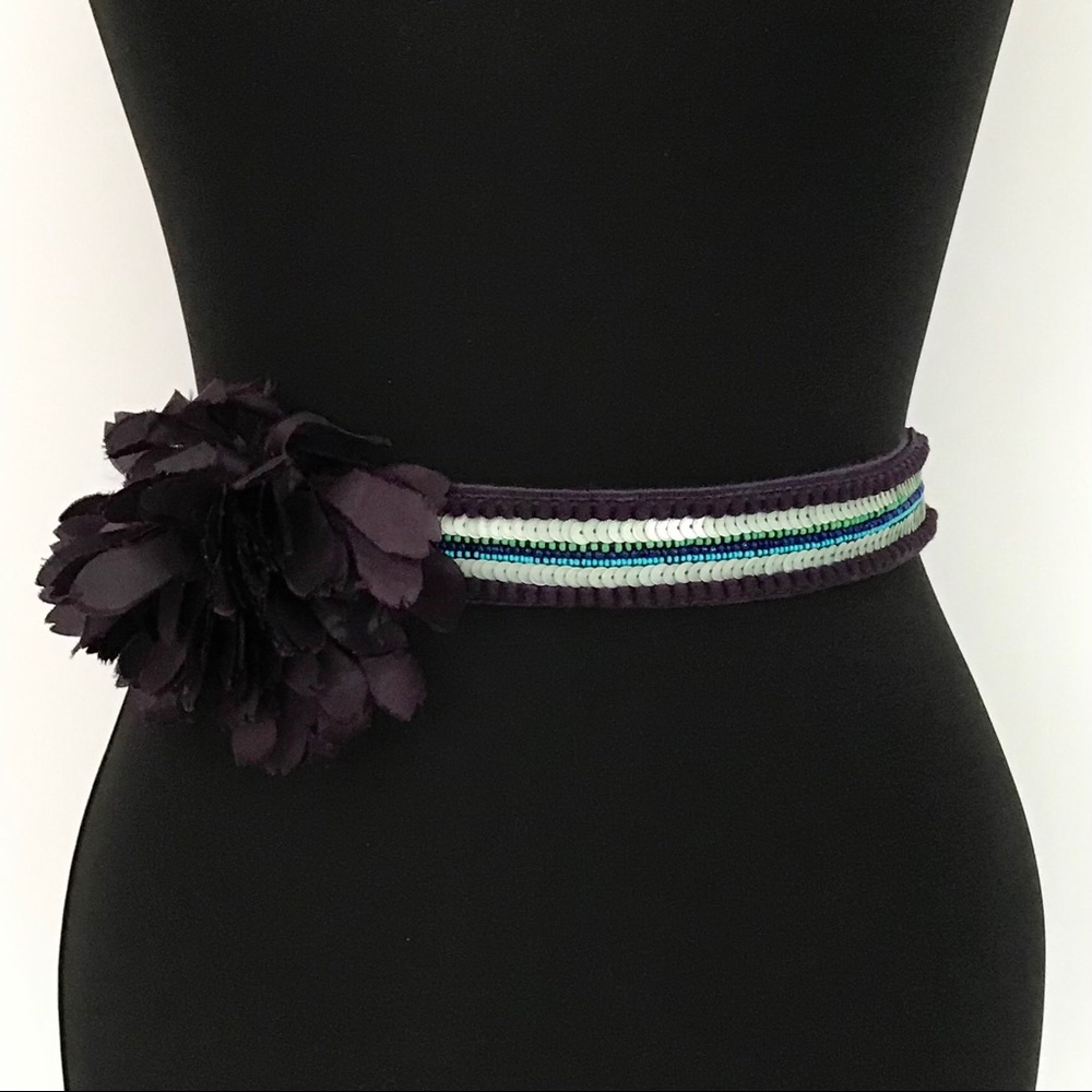 LOFT Embellished Belt Beaded Flower Plum Purple Stretch Snap Waist Woman’s S M